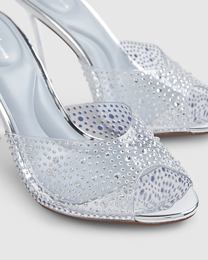 Silver Embellished Heeled Mule Sandals