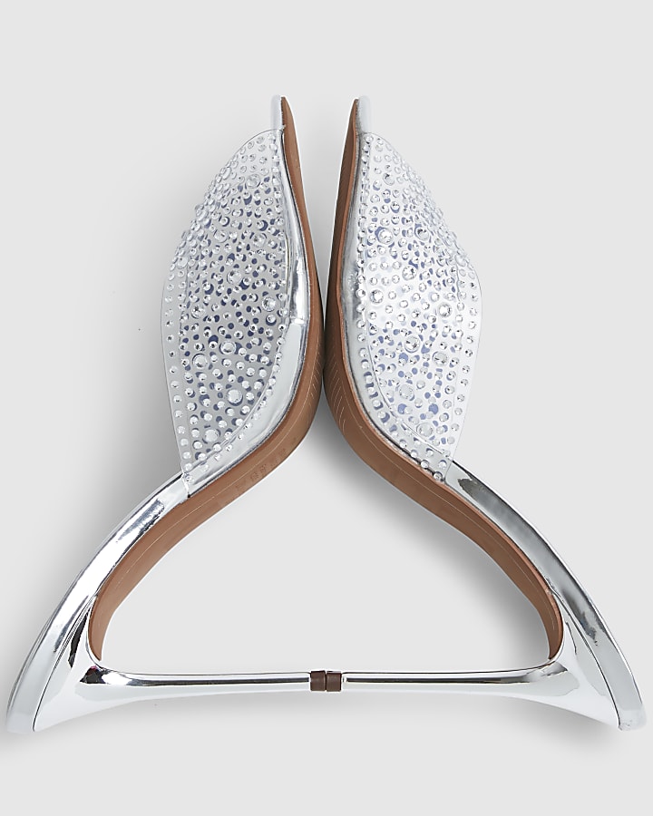 Silver Embellished Heeled Mule Sandals