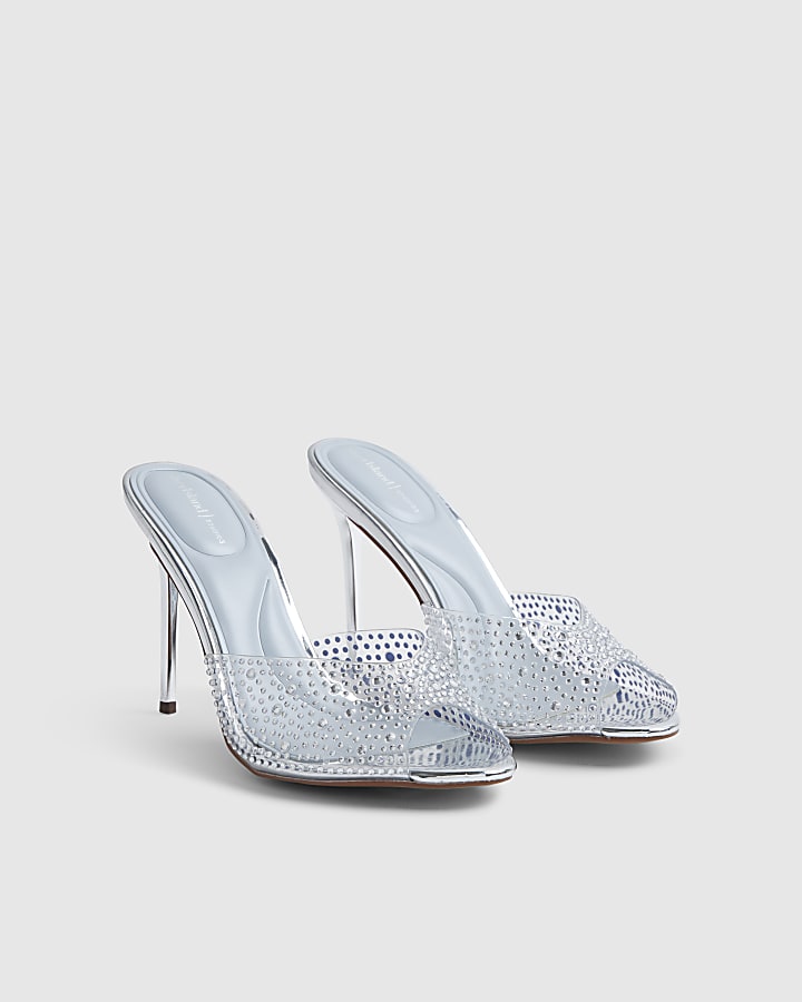 Silver Embellished Heeled Mule Sandals