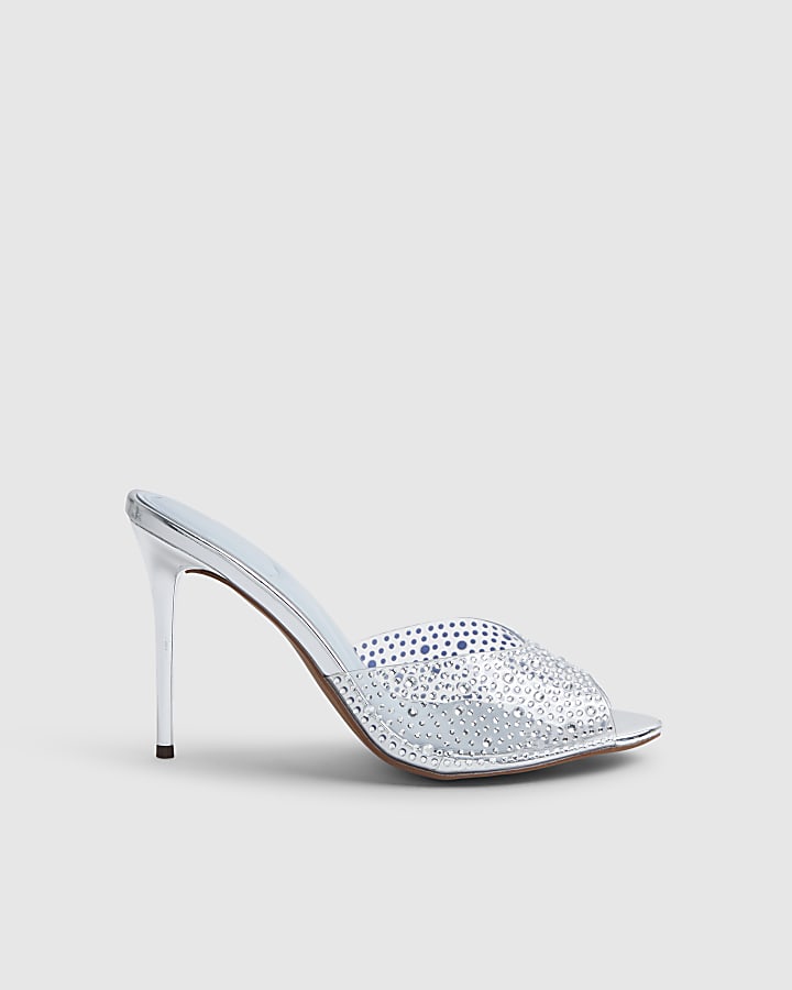 Silver Embellished Heeled Mule Sandals