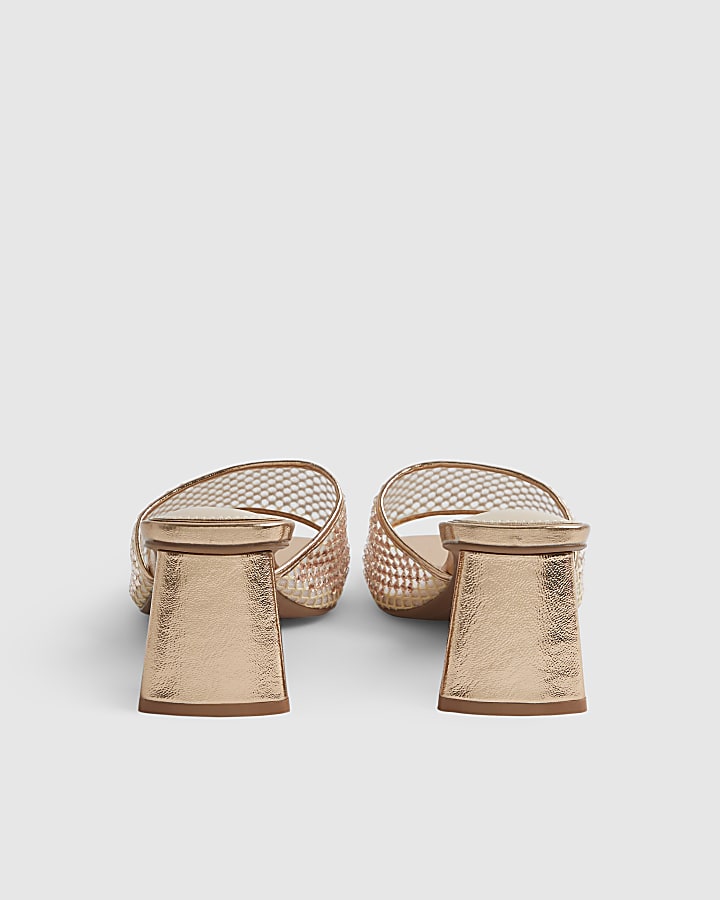 Gold Embellished Mesh Mule Heels