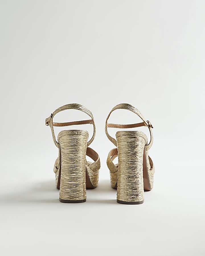 Gold Pleated Fabric Platform Heeled Sandals