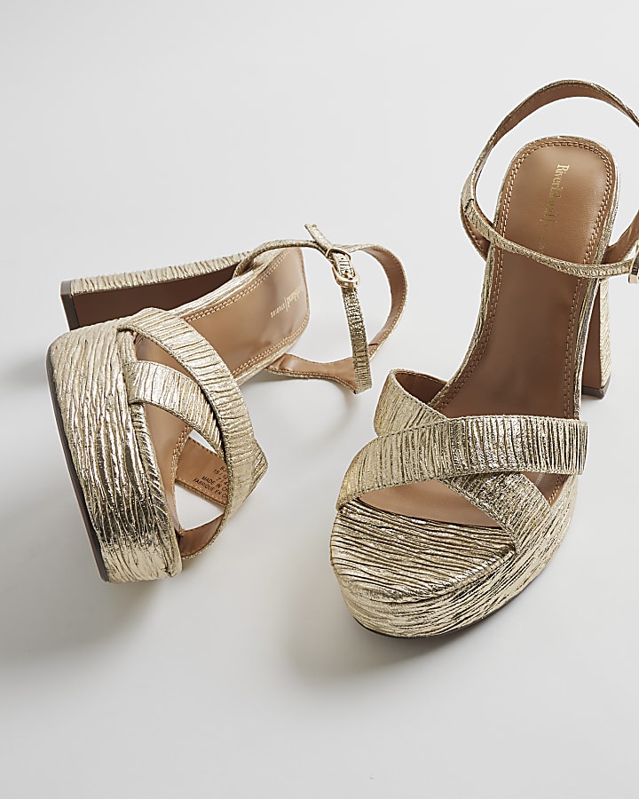 Gold Pleated Fabric Platform Heeled Sandals