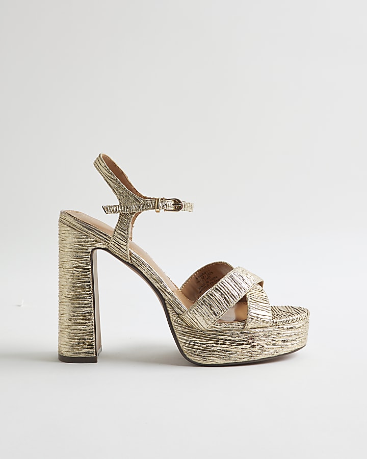 Gold Pleated Fabric Platform Heeled Sandals