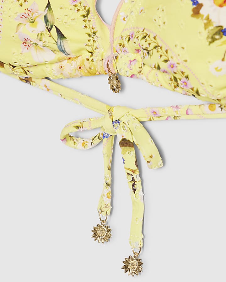 Yellow Triangle Daisy Print Bikini