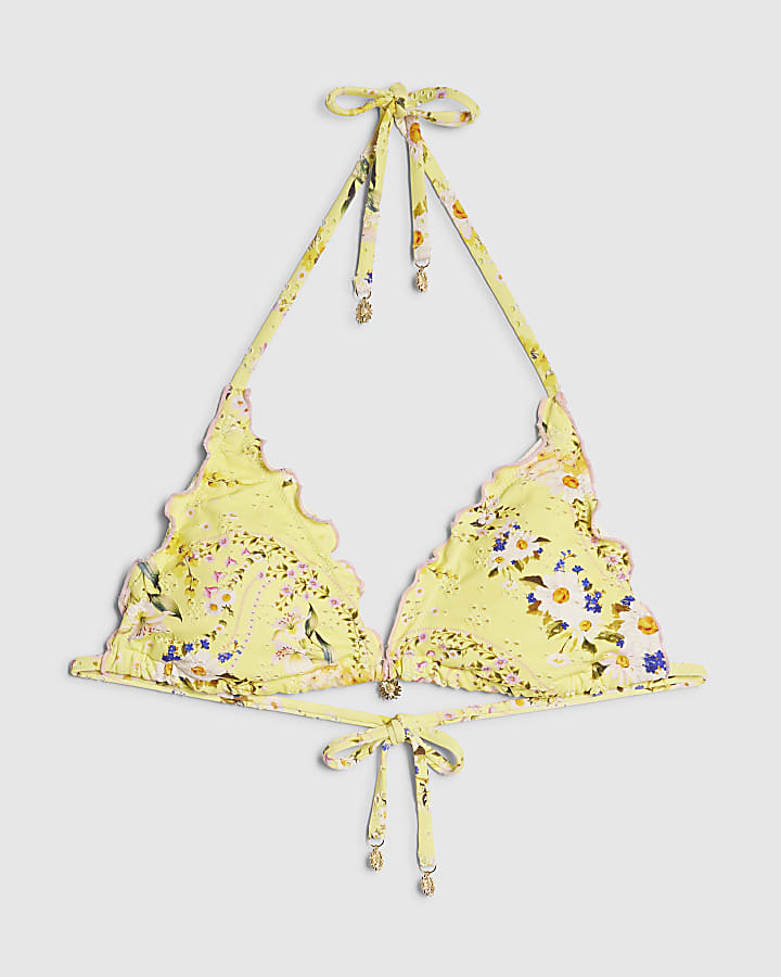 Yellow Triangle Daisy Print Bikini