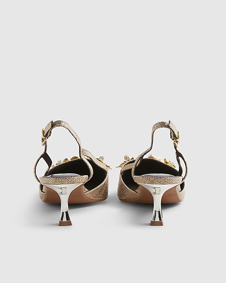 Gold Flower Trim Raffia Slingback Court Heels