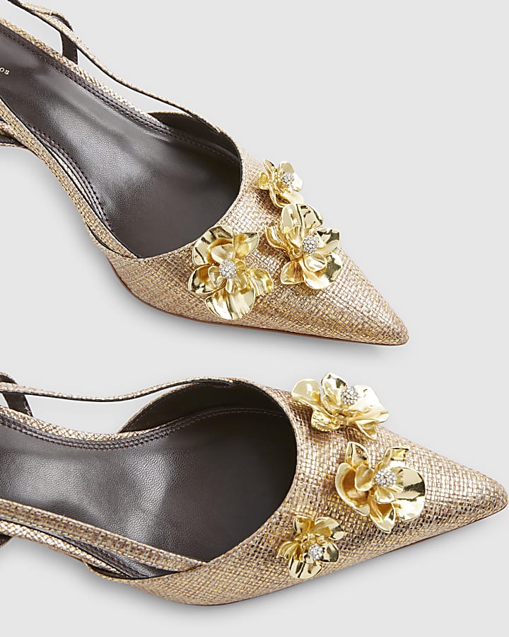Gold Flower Trim Raffia Slingback Court Heels
