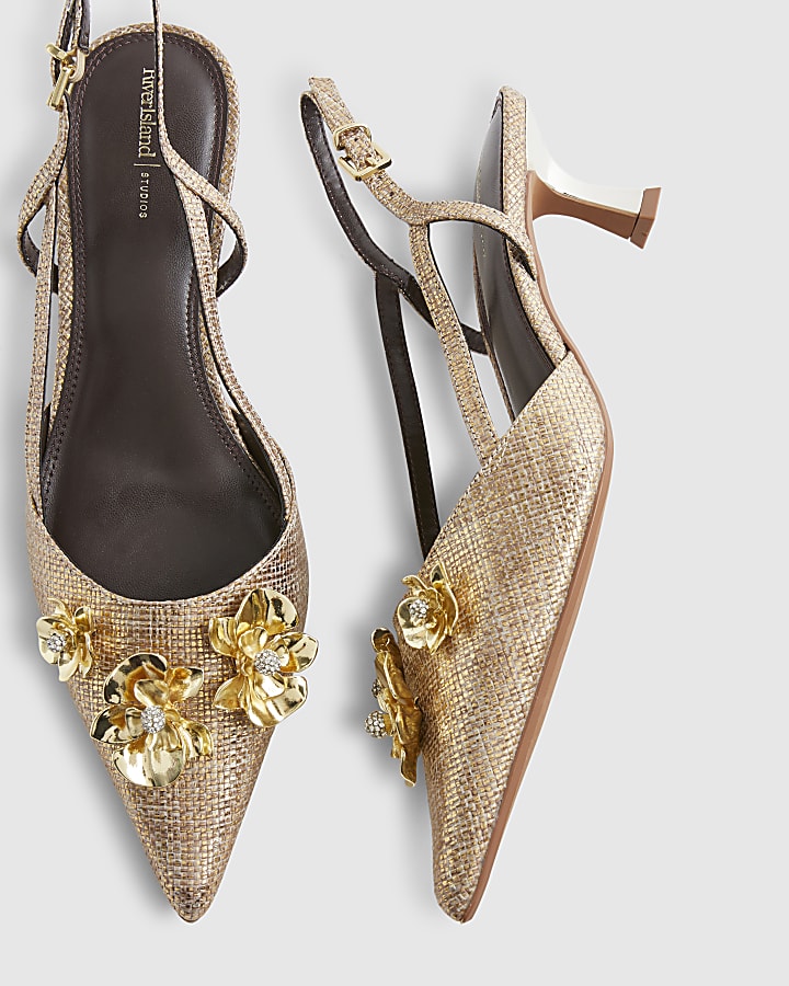 Gold Flower Trim Raffia Slingback Court Heels