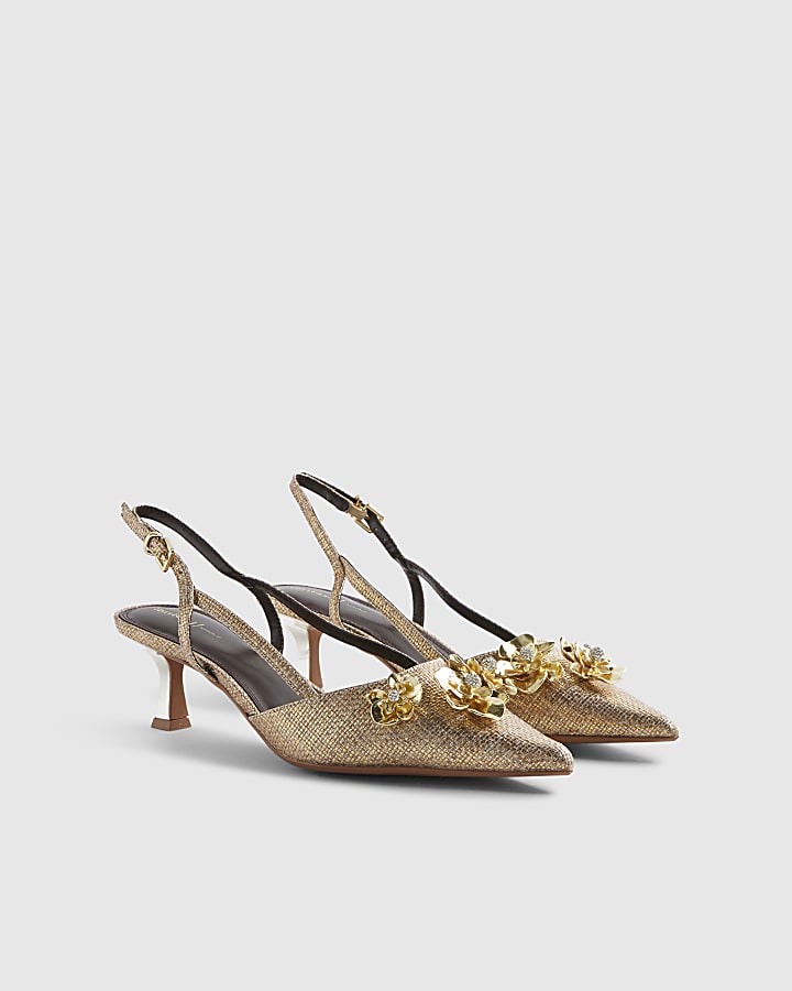 Gold Flower Trim Raffia Slingback Court Heels