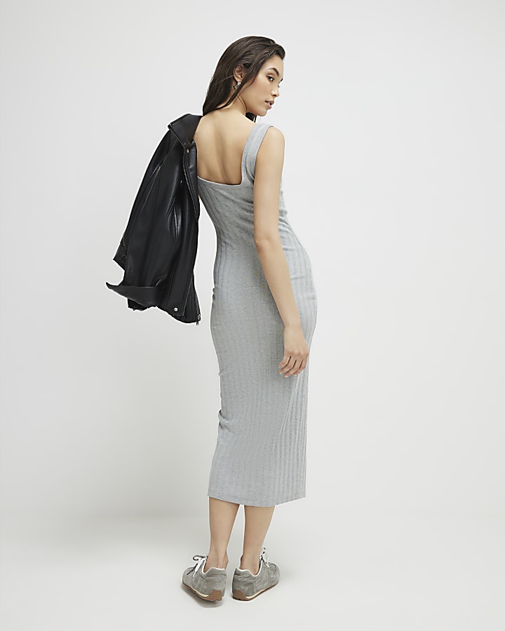 Grey Sleeveless Ribbed Button Midi Dress