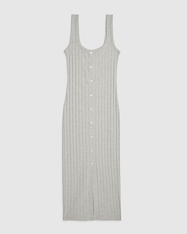 Grey Sleeveless Ribbed Button Midi Dress