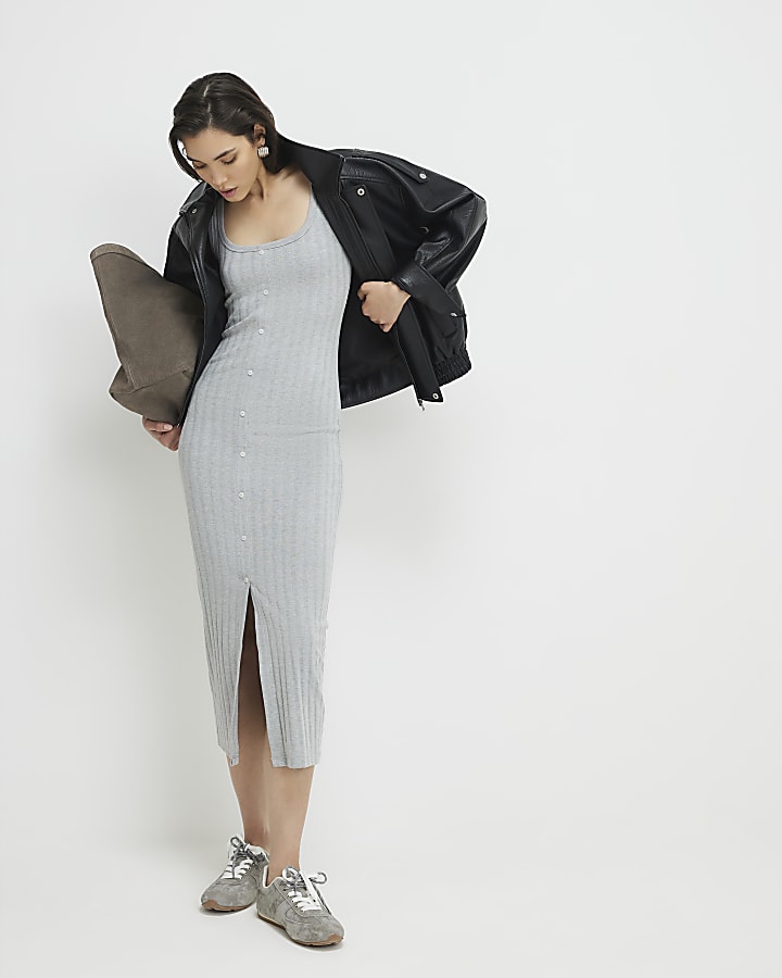Grey Sleeveless Ribbed Button Midi Dress