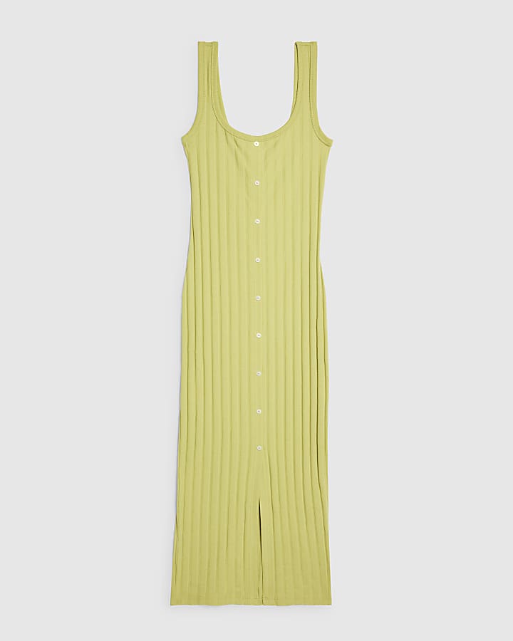 Green Sleeveless Ribbed Button Midi Dress