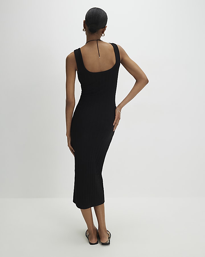 Black Sleeveless Ribbed Button Midi Dress