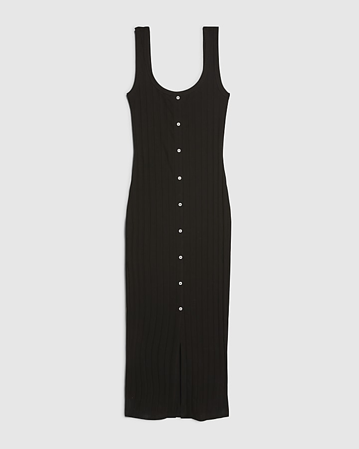 Black Sleeveless Ribbed Button Midi Dress