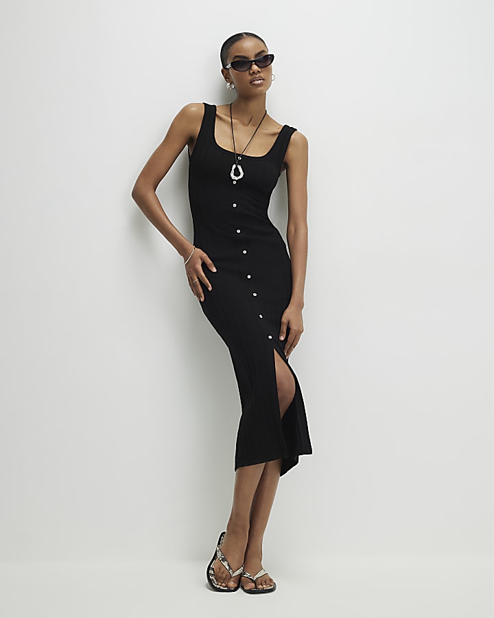 Black Sleeveless Ribbed Button Midi Dress