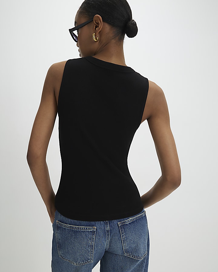 Black Sleeveless Ribbed Popper Top