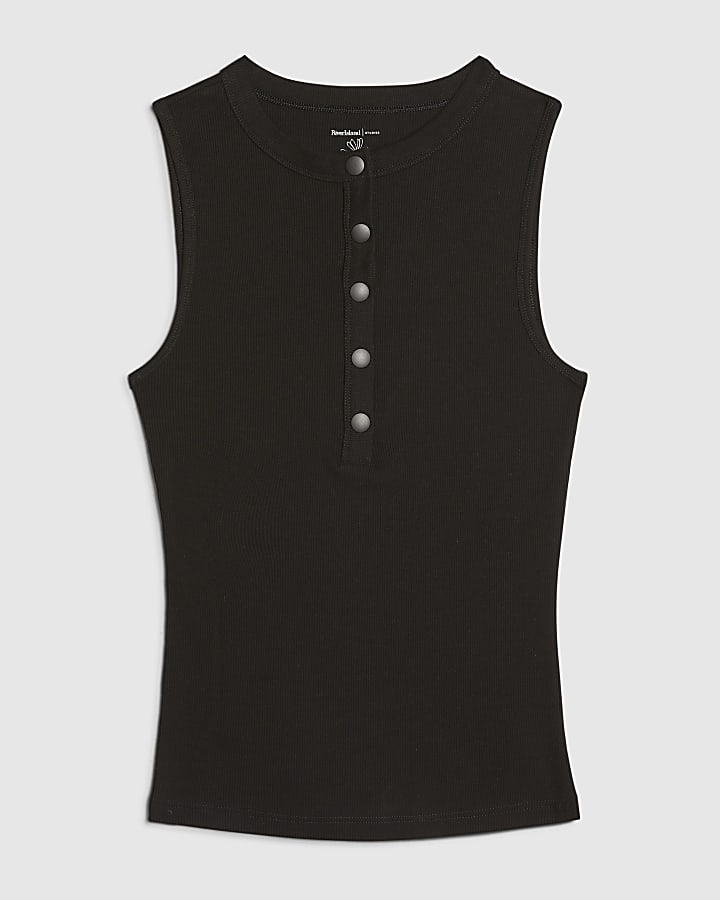 Black Sleeveless Ribbed Popper Top