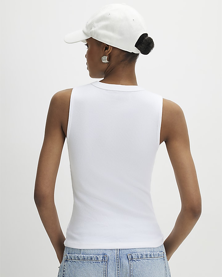 White Sleeveless Ribbed Popper Top