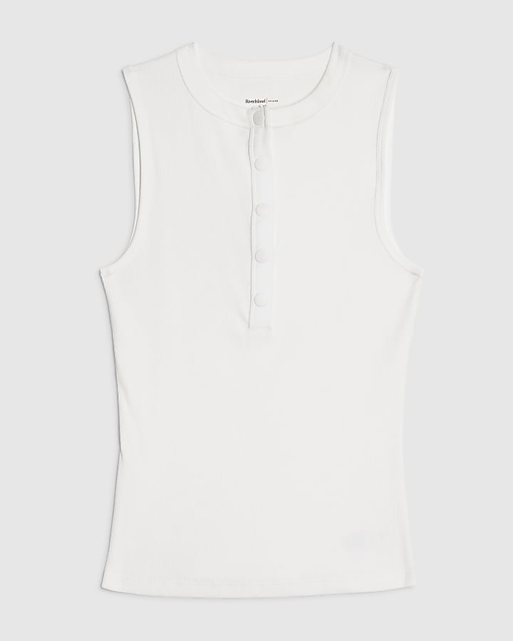 White Sleeveless Ribbed Popper Top