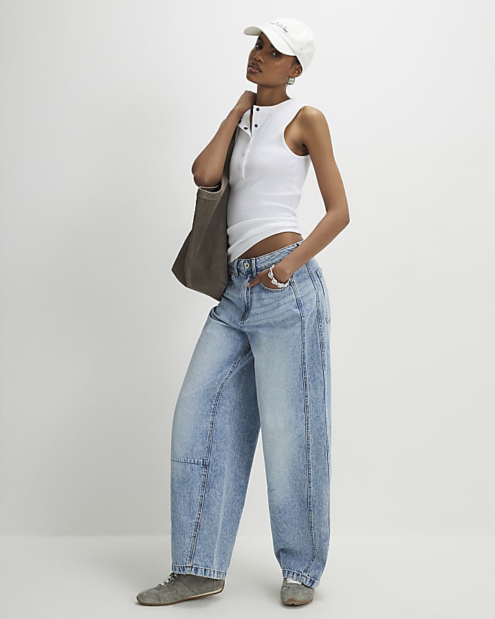 White Sleeveless Ribbed Popper Top