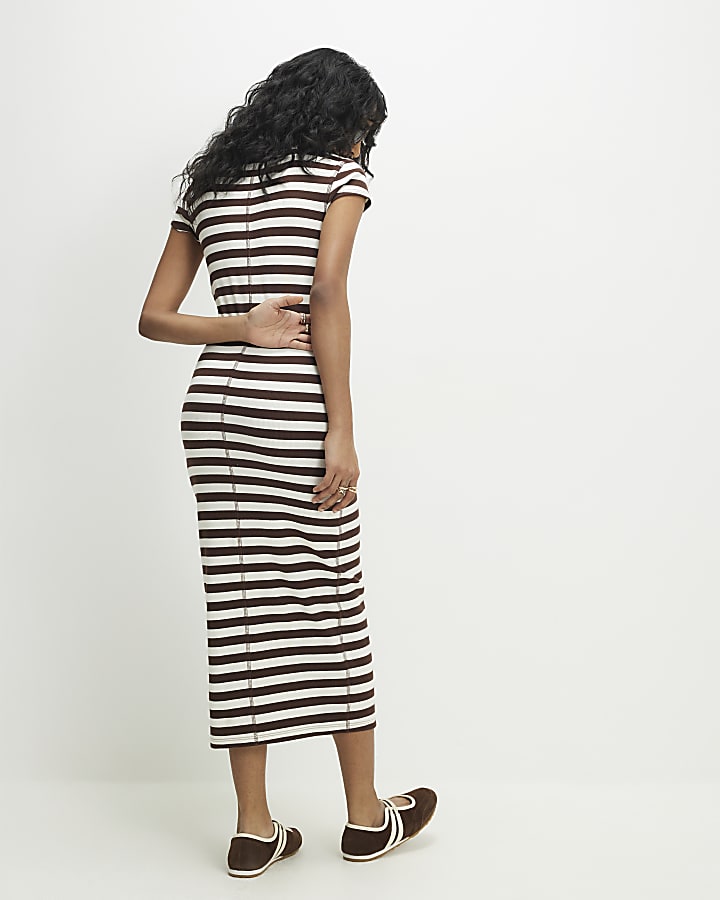Brown Short Sleeve Striped Ribbed Midi Dress