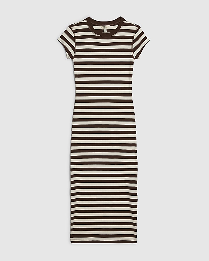 Brown Short Sleeve Striped Ribbed Midi Dress
