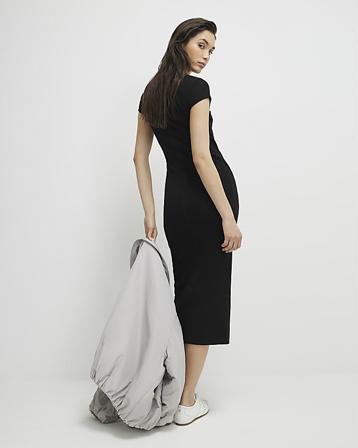 Black Cap Sleeve Ribbed Midi Dress