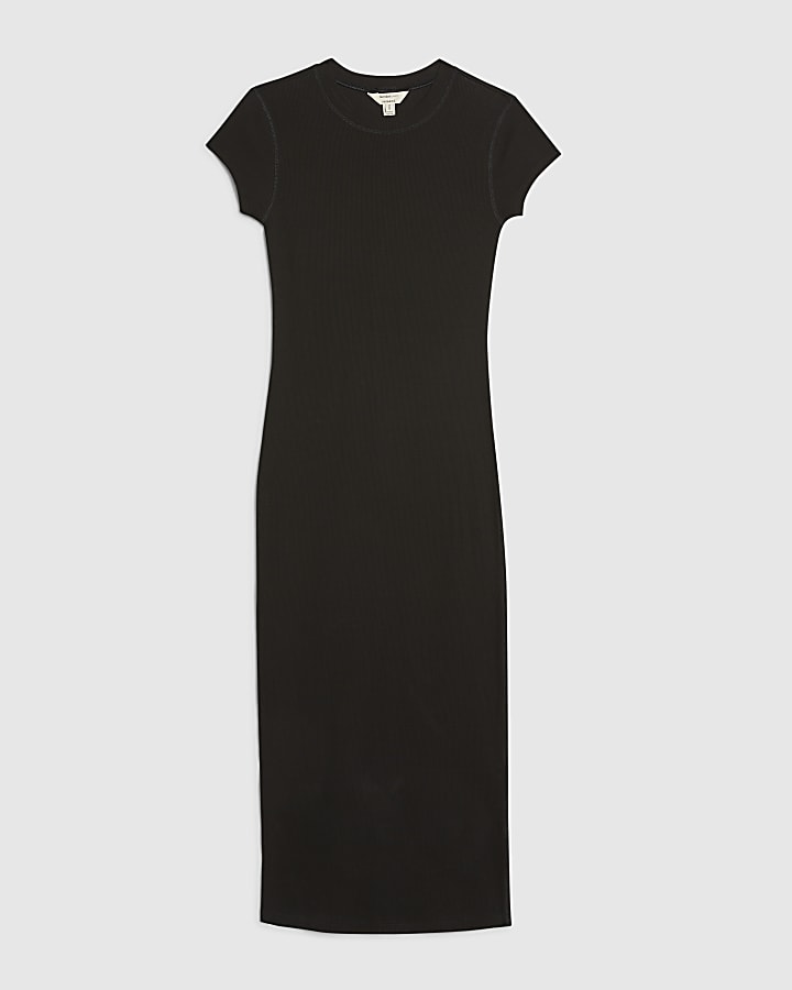 Black Cap Sleeve Ribbed Midi Dress