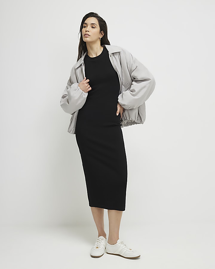 Black Cap Sleeve Ribbed Midi Dress