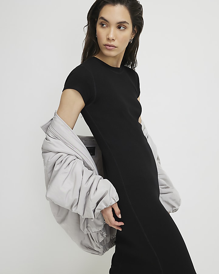 Black Cap Sleeve Ribbed Midi Dress