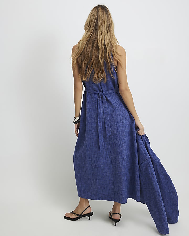 Navy Linen Look Midi Dress