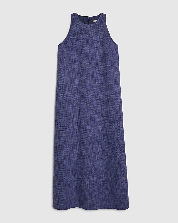 Navy Linen Look Midi Dress