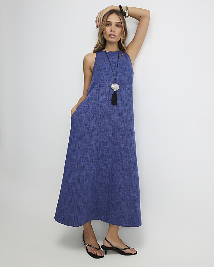 Navy Linen Look Midi Dress