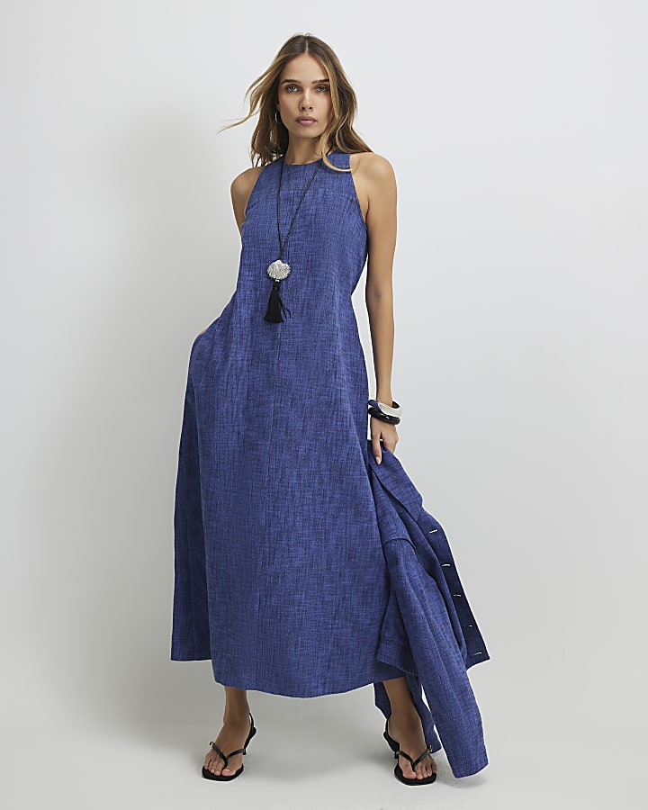 Navy Linen Look Midi Dress