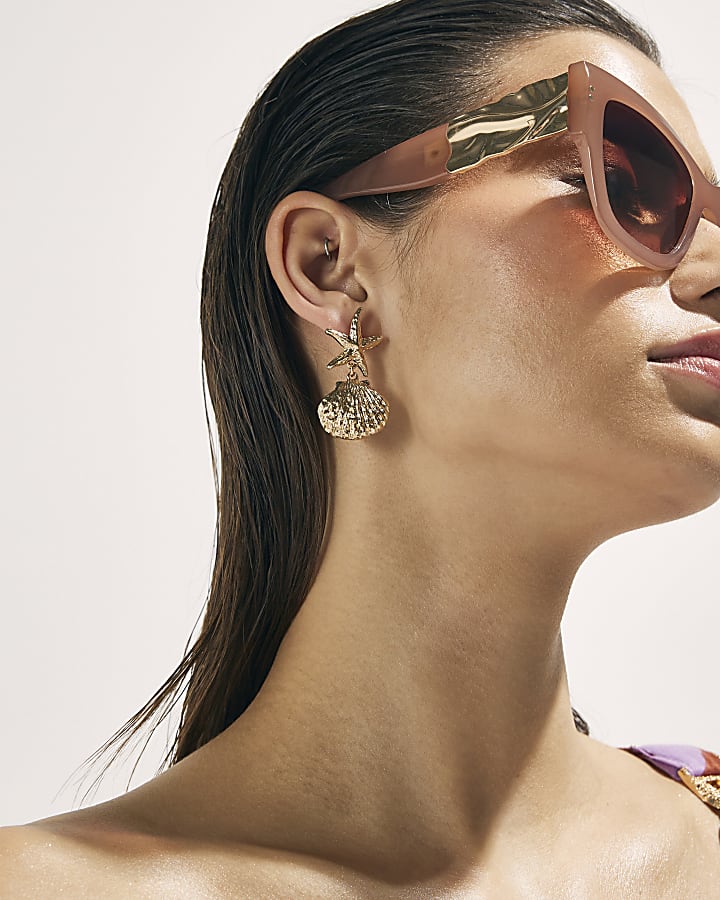 Gold Starfish Shell Drop Earrings