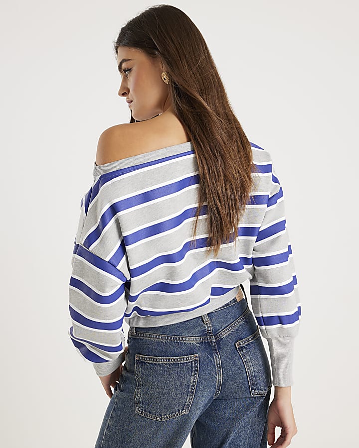 Grey Striped Off Shoulder Sweatshirt