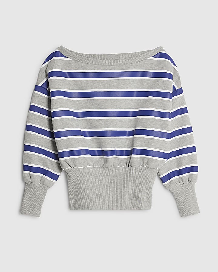 Grey Striped Off Shoulder Sweatshirt