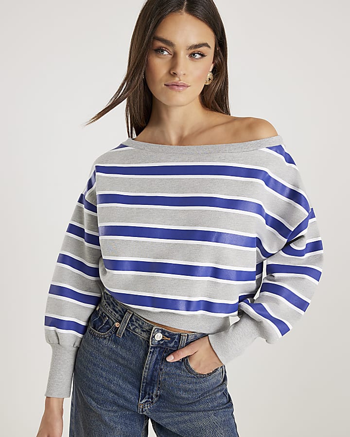 Grey Striped Off Shoulder Sweatshirt
