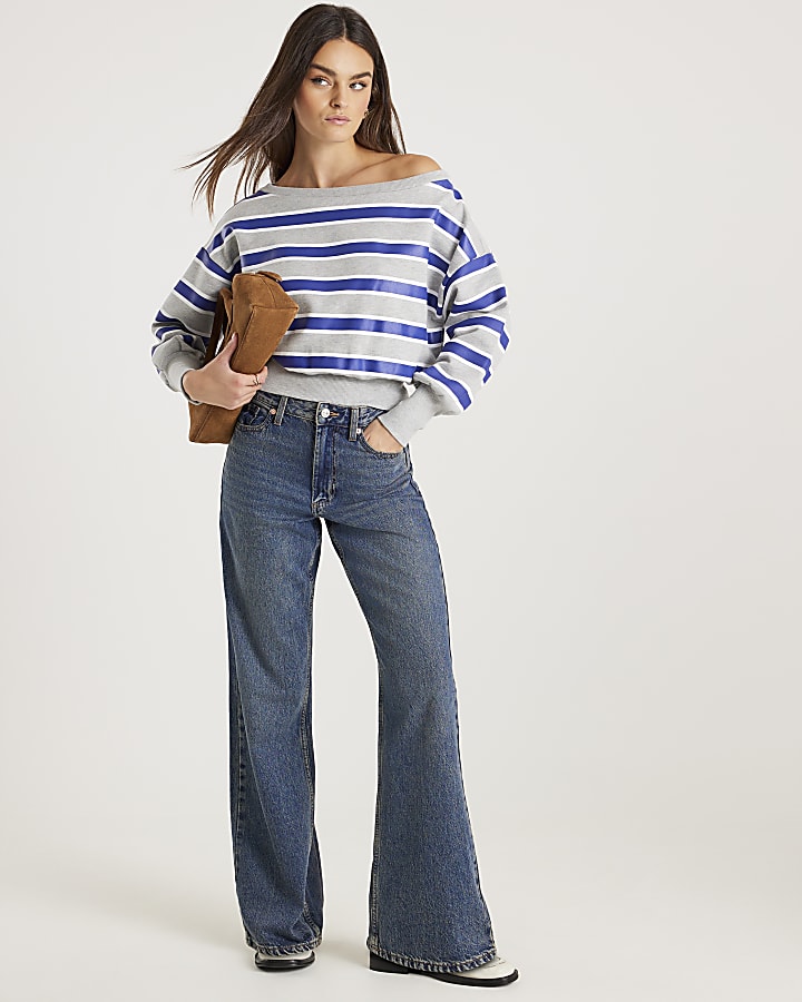 Grey Striped Off Shoulder Sweatshirt
