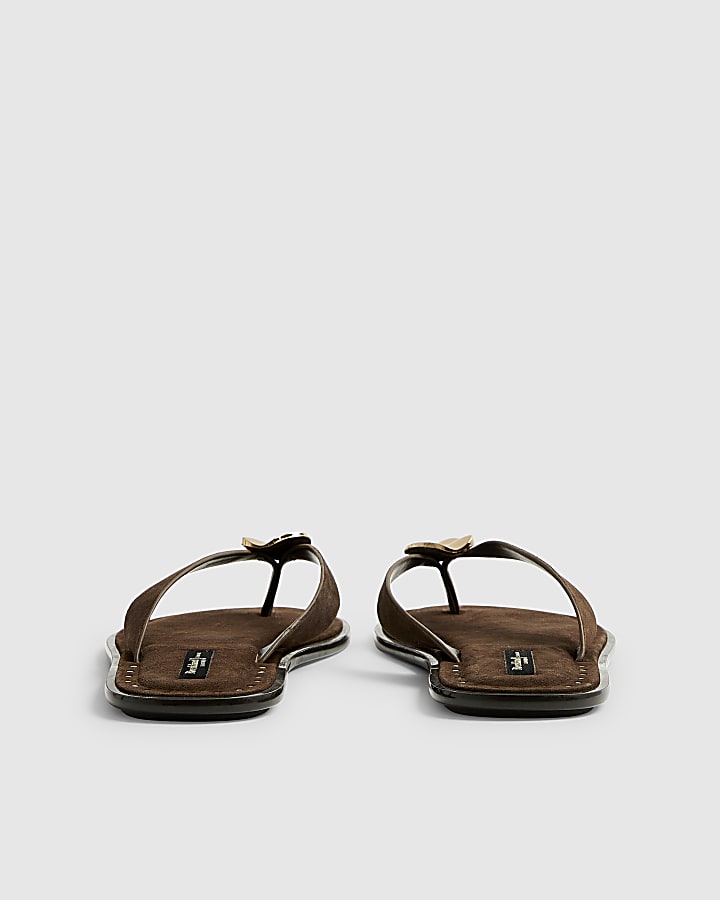 Brown Suede Toe Thong Flat Sandals