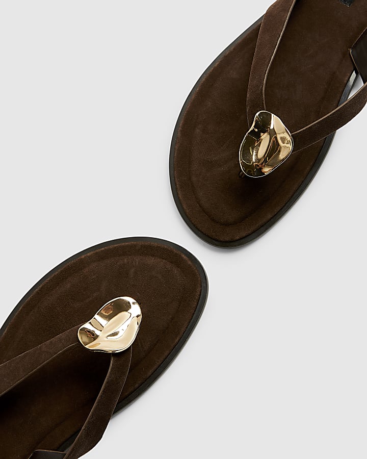 Brown Suede Toe Thong Flat Sandals