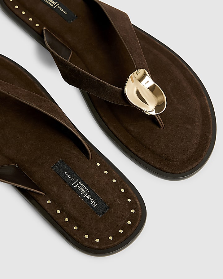 Brown Suede Toe Thong Flat Sandals