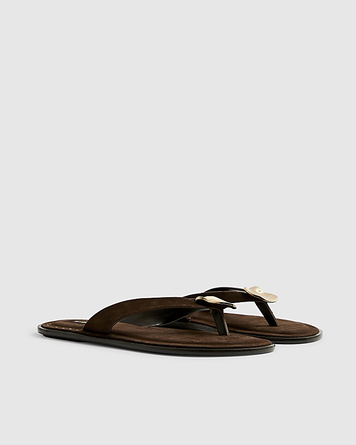 Brown Suede Toe Thong Flat Sandals