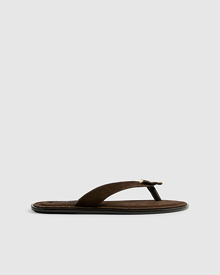 Brown Suede Toe Thong Flat Sandals