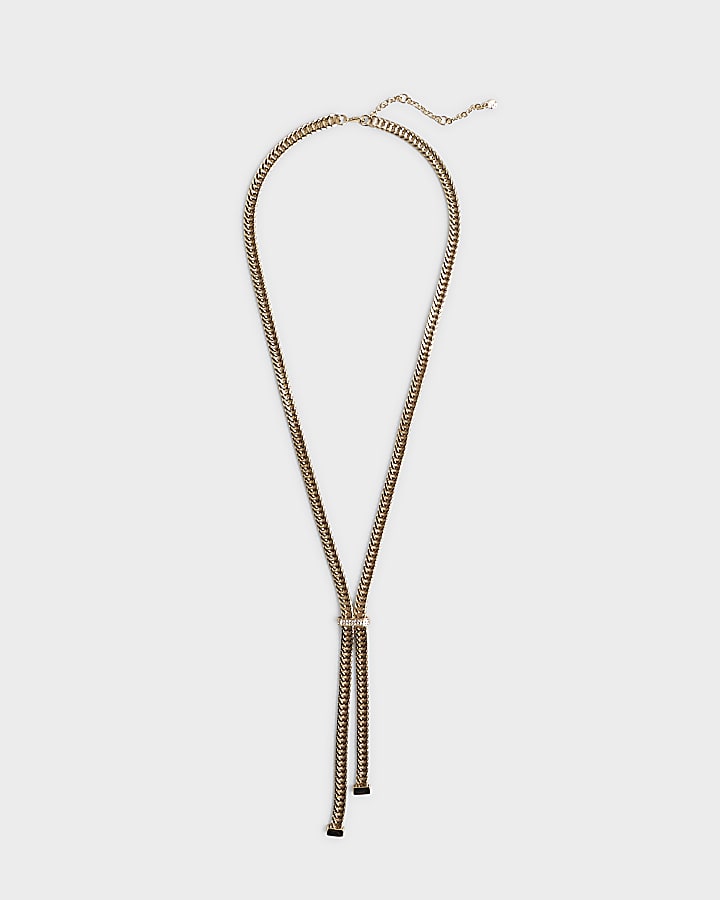 Gold Wide Chain With Bar Lariat Necklace