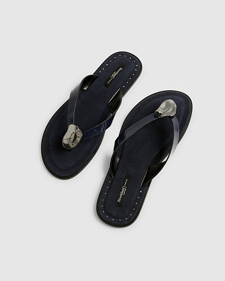 Navy Silver Hardware Toe Thong Flat Sandals