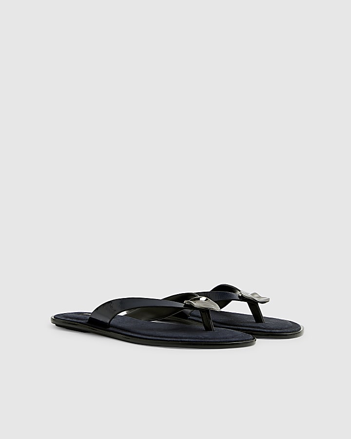 Navy Silver Hardware Toe Thong Flat Sandals