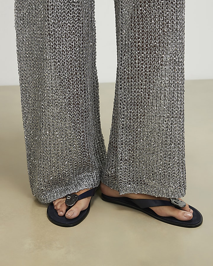 Navy Silver Hardware Toe Thong Flat Sandals